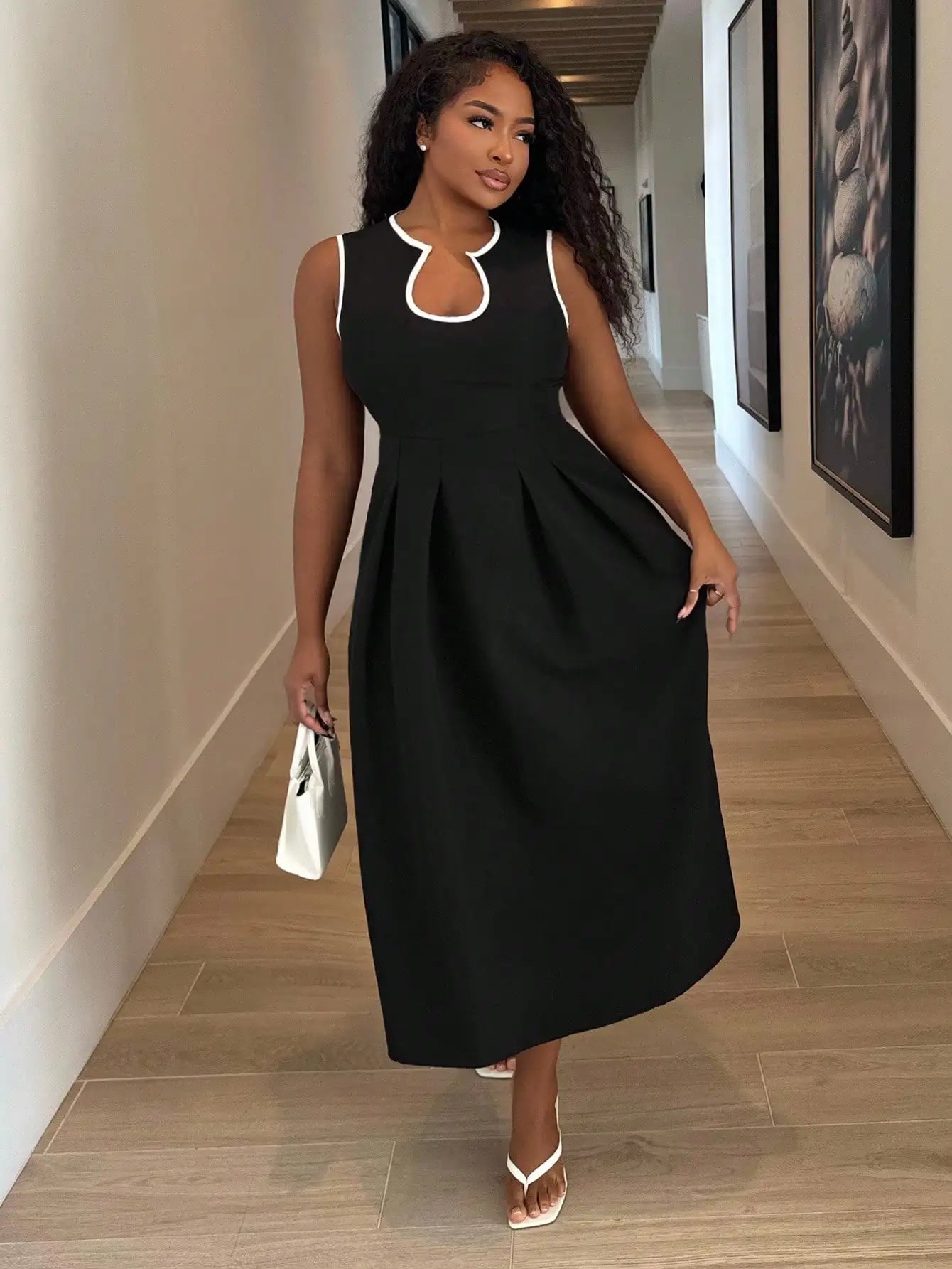 Black Solid A-Line Dress with White Trim U-Neck, Sleeveless Midi for Office or Casual