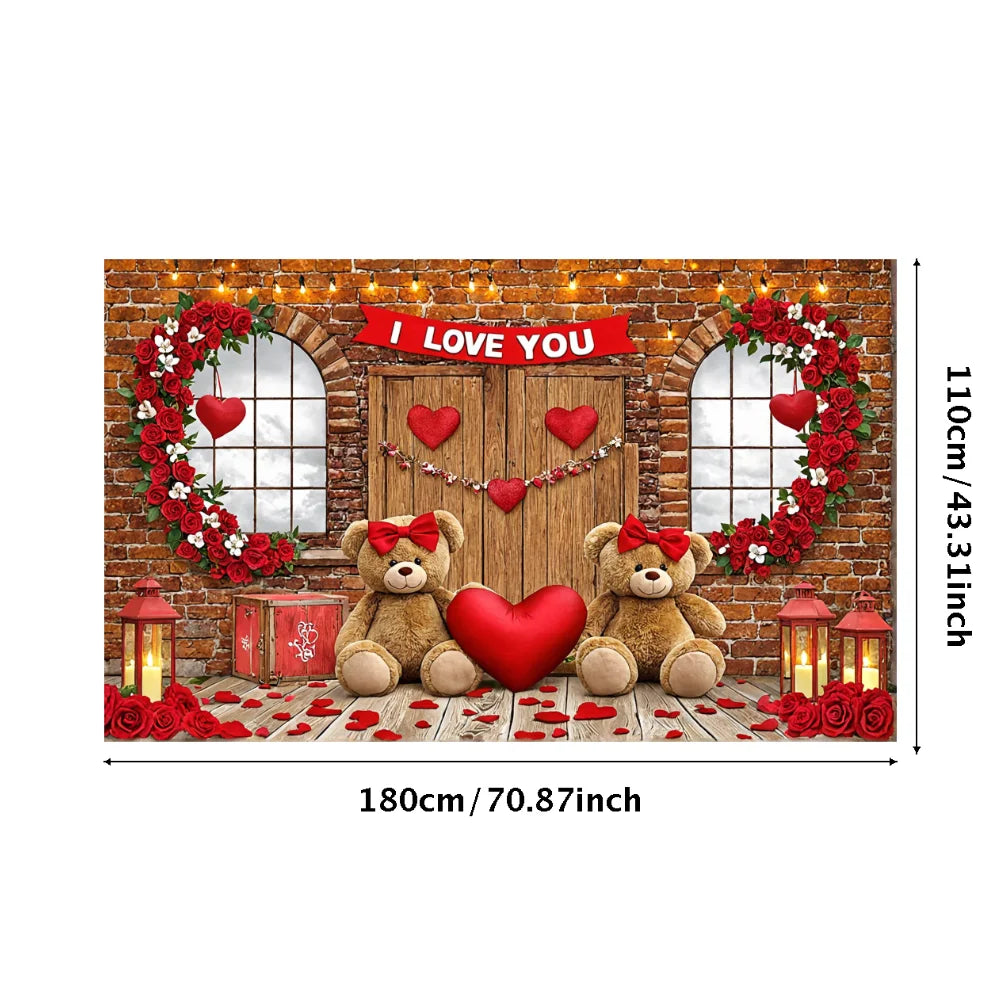 Valentines Day Banner Bear Rose Flower Love Heart Backdrop Party Decoration Valentine's Day Indoor Outdoor Photo Prop Supply