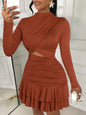 White Gold Floral Print Long Sleeve Cut-Out Mini Dress with Ruched Waist