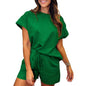 Women's Cotton Set Casual Loose Solid Color Two piece Set Round Neck Short sleeved Top and Shorts Two piece Set S-2XL
