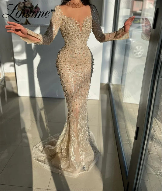 Champagne Long Sleeves Wedding Party Dress Mermaid Beaded Elegant Evening Gowns Arabic Prom Dresses Robes De Soirée Customized