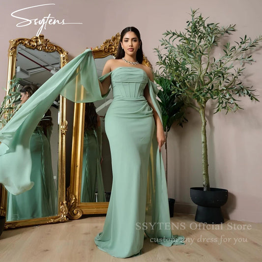 SSYTENS Green Chiffon Evening Dresses Mermaid Formal Occasion Dresses Cape Sleeves Off Shoulder Women Prom Party Gown Customized
