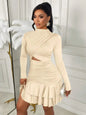 White Gold Floral Print Long Sleeve Cut-Out Mini Dress with Ruched Waist