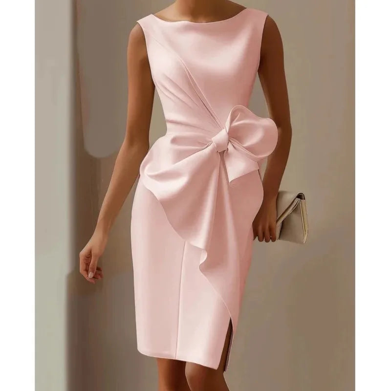 Elegant Evening Party Dresses For Women  Sleeless Slim Waist Big Bow Lace-up Hem Slit White Dress Robe Femme