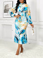 Elegant Blue & Gold Marble Print Long Sleeve Midi Dress for Work or Casual Occasions