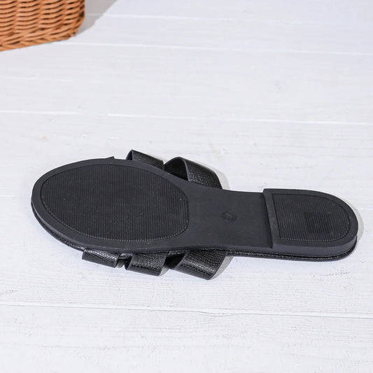 Women's Black Flat Slippers Open Heel Sandals Casual Beach Shoes Indoor Outdoor Wear Comfortable Slip-On Footwear