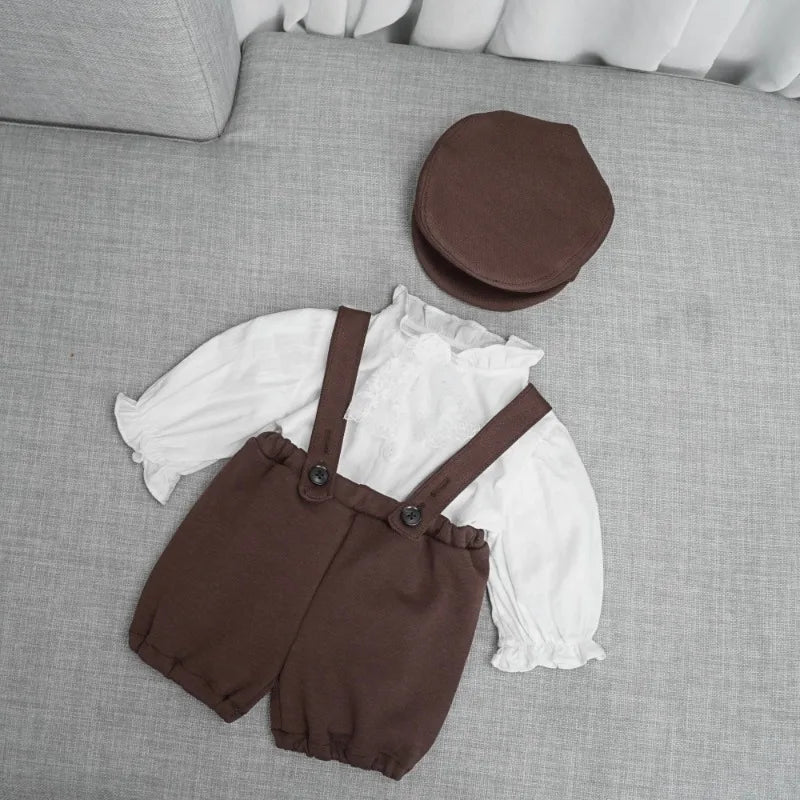 3Pcs Newborn Boy Photography Outfits Shirts Suspender Pants with Beret Set Gentleman Suit Infant Boys'Costumes Photo Accessories