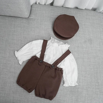 3Pcs Newborn Boy Photography Outfits Shirts Suspender Pants with Beret Set Gentleman Suit Infant Boys'Costumes Photo Accessories