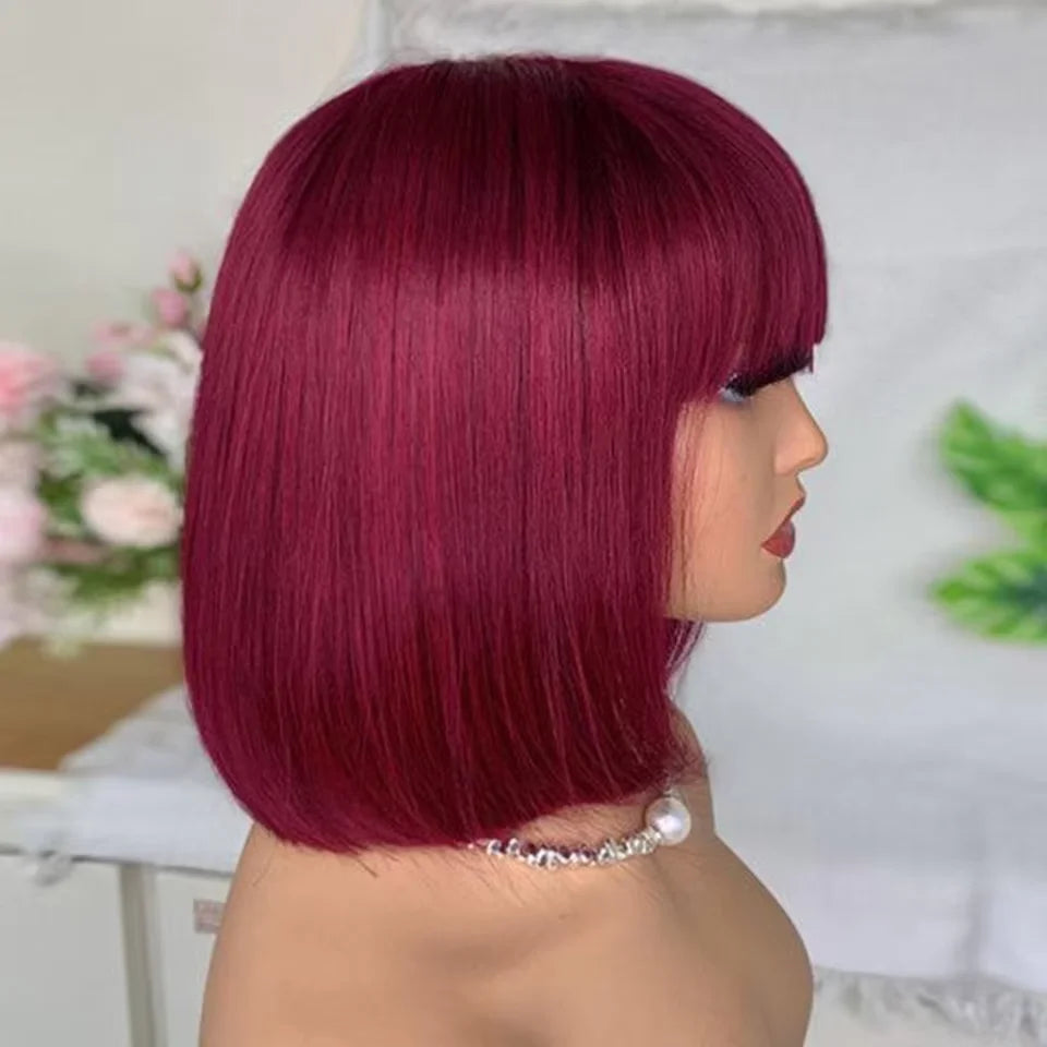 Brazilian 99J Red Short Bob Human Hair Wig With Fringe For Women Straight Remy Hair Bob Wigs With Bangs Ginger Orange Color