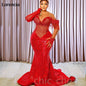 Customized Glitter Red Arabic Prom Dress Aso Ebi Sequins Beaded Women Long Sleeve Wedding Party Dress Birthday Gown YPD235
