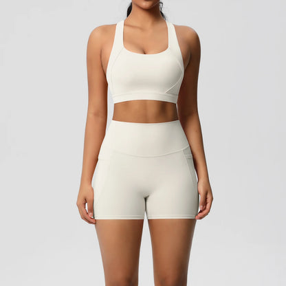 2PCS Sets Sportswear With Pocketed Yoga Suits For Women  Sports Shorts Crossover Bra Gym Leggings