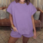 Women's Cotton Set Casual Loose Solid Color Two piece Set Round Neck Short sleeved Top and Shorts Two piece Set S-2XL