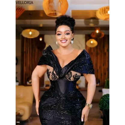 Black Sequin Aso Ebi Evening Gown Off Shoulder Beaded Mermaid Long Dress Formal Party Wear for Curvy Women Plus Size Customized