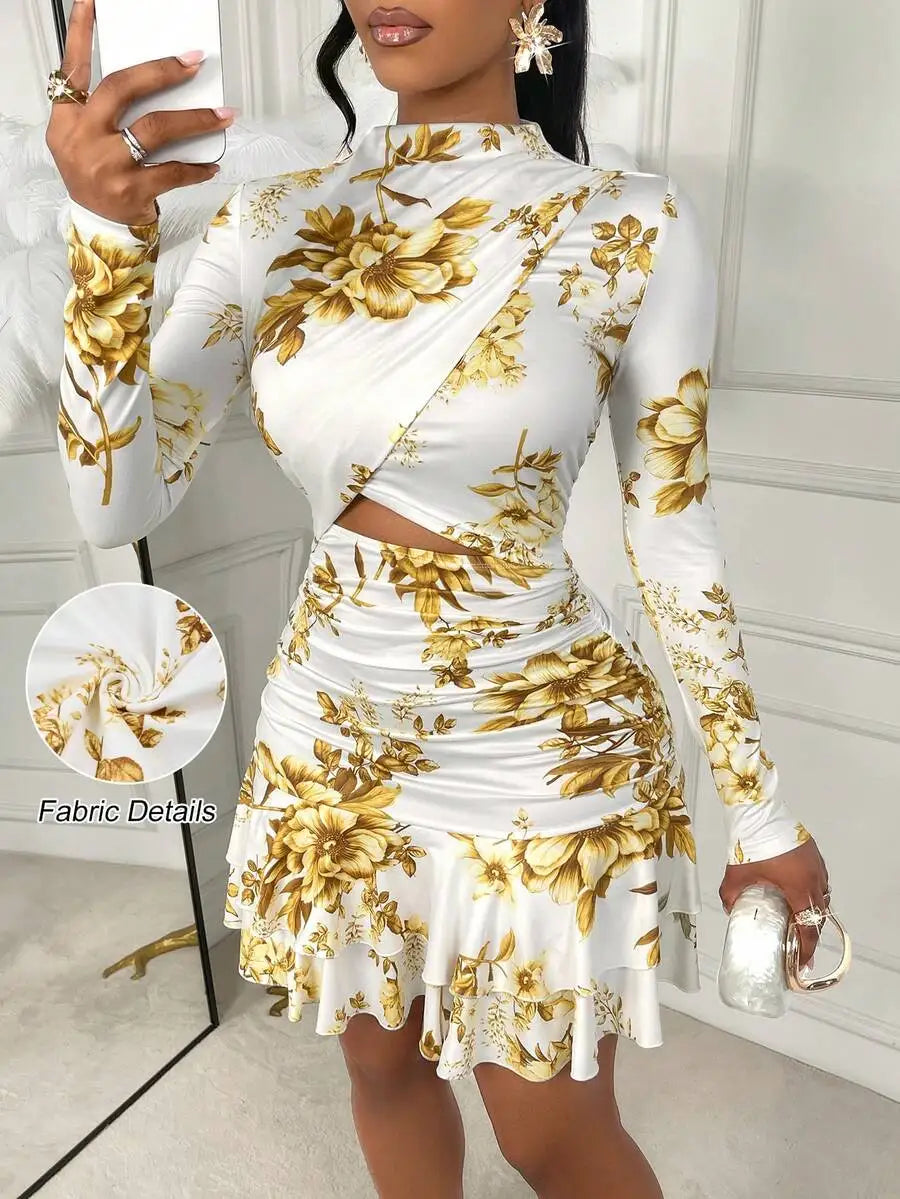 White Gold Floral Print Long Sleeve Cut-Out Mini Dress with Ruched Waist