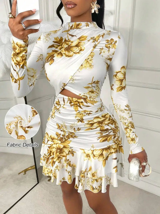White Gold Floral Print Long Sleeve Cut-Out Mini Dress with Ruched Waist