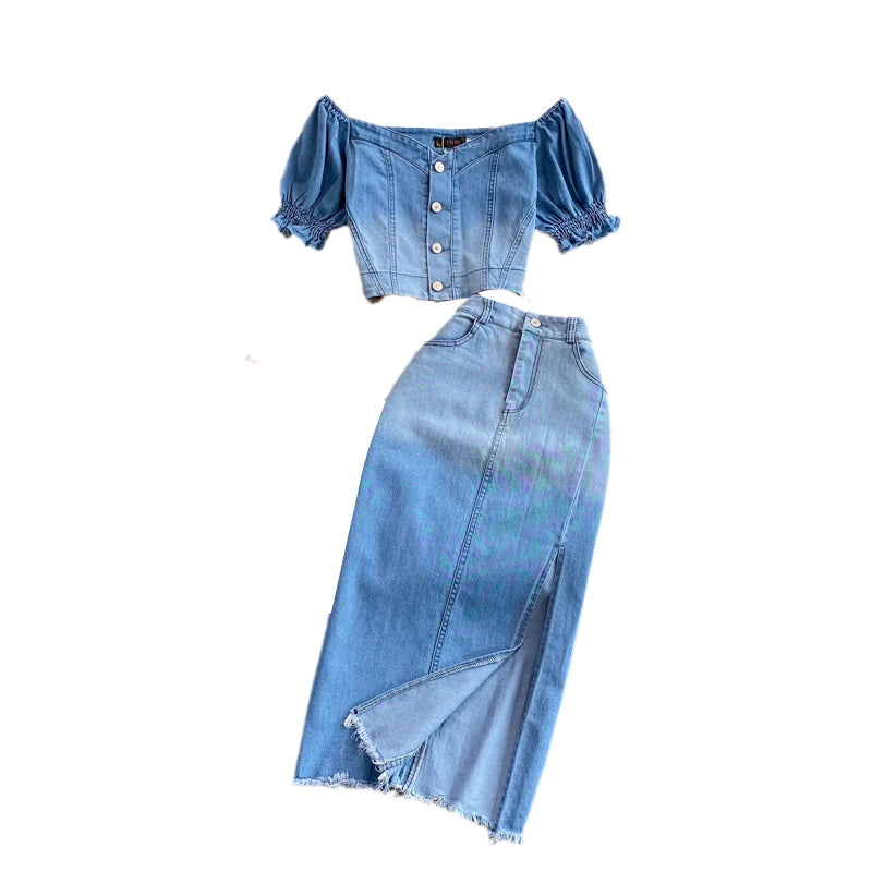 Women Denim 2 Piece Sets Long Skirt Top Suit Skirts Tops Single Breasted Outfits Washed Distressed Summer Casual Ensemble