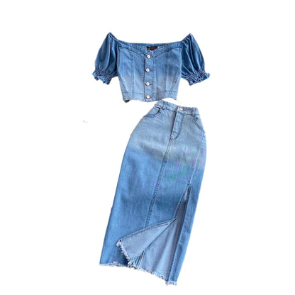 Women Denim 2 Piece Sets Long Skirt Top Suit Skirts Tops Single Breasted Outfits Washed Distressed Summer Casual Ensemble