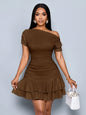 Off-Shoulder Ruched Mini Dress with Tiered Ruffle Hem in Apricot