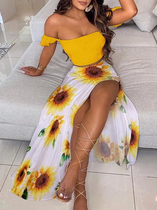 Summer Fashion Sets For Women 2 Pieces Solid Pleated Tops & Floral Print High Waist Midi Skirt Chic Lady Long Skirts Set