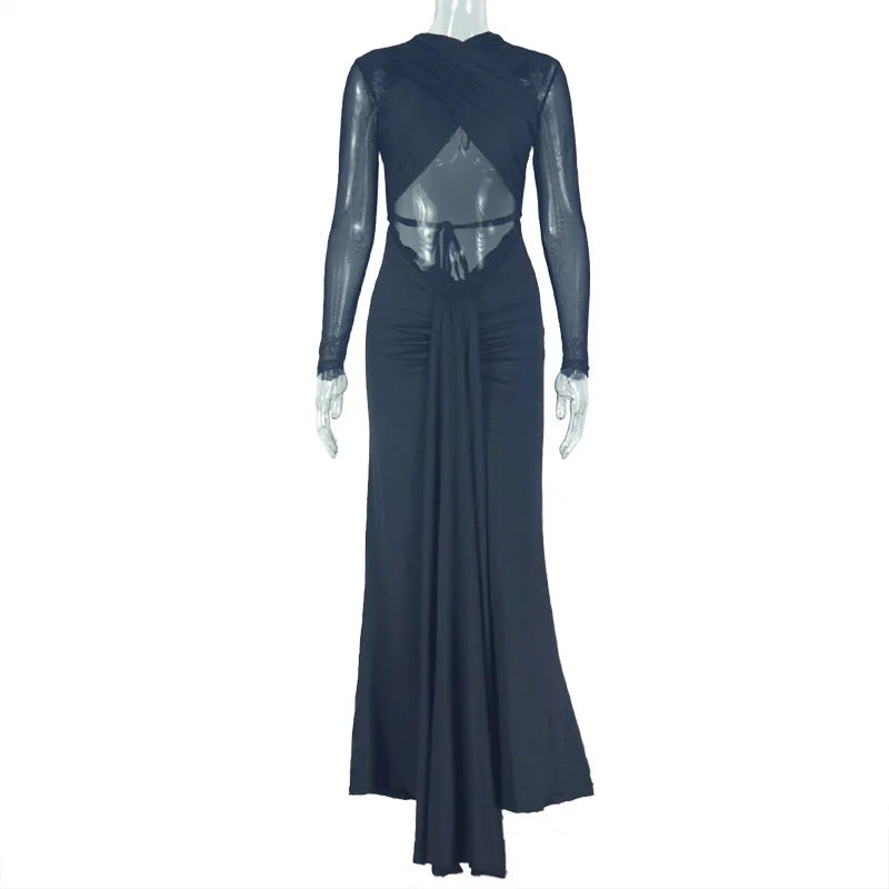 Sexy See Through Mesh Sheer Full Sleeve Long Dresses For Club Party Ruched Backless Dress for Women