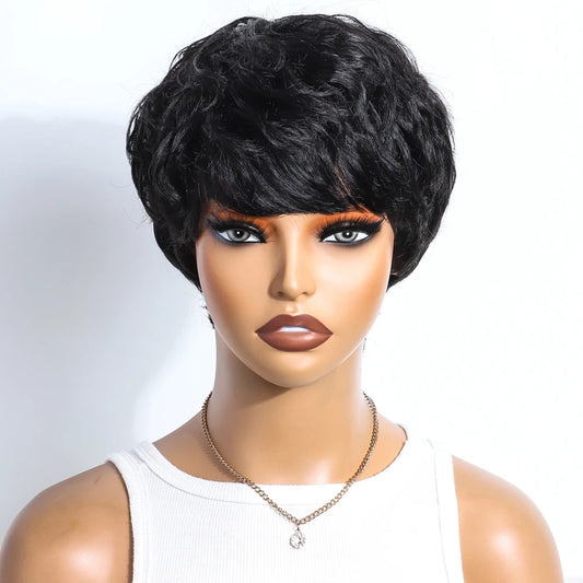 Natural Black Short Pixie Cut Curly 100% Human Hair Wig For Women Brazilian Remy Hair Colored Side Part Full Machine Wigs