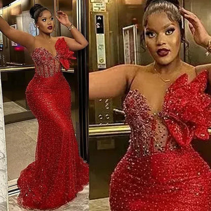 Aso Ebi Sequined Mermaid Evening Dress Sheer O-Neck Sleeveless Corset Red Glitter Prom Gown Formal Reception Dress Customized