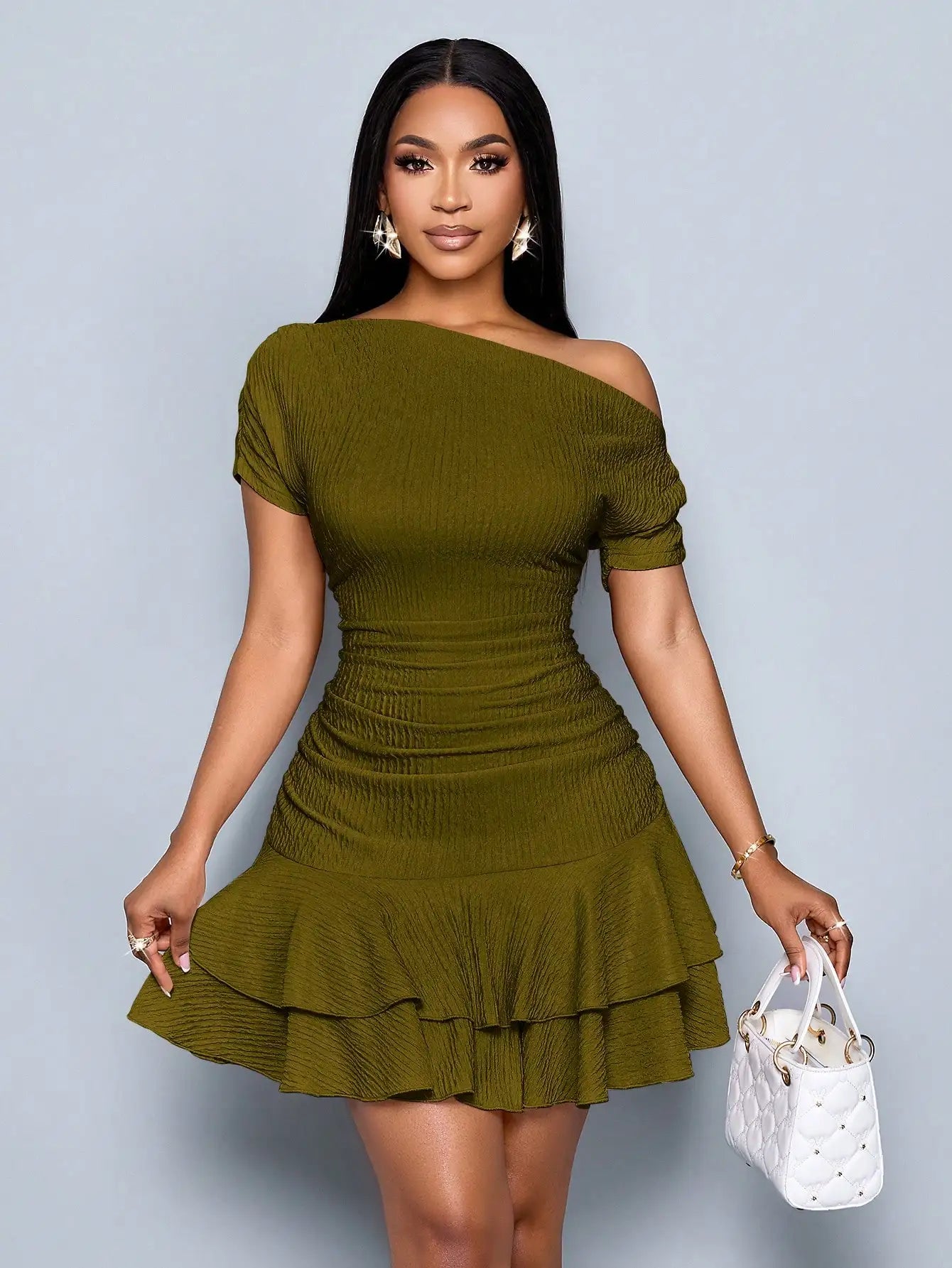 Off-Shoulder Ruched Mini Dress with Tiered Ruffle Hem in Apricot