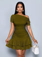 Off-Shoulder Ruched Mini Dress with Tiered Ruffle Hem in Apricot