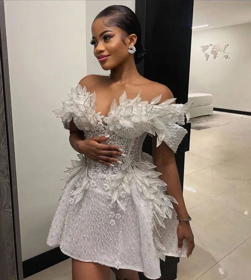 Romantic Prom Dresses 2025 Lace Pearl Mini Wedding Party Dress Handmade Flower Birthday Ball Gown African Girls Customized