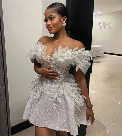 Romantic Prom Dresses 2025 Lace Pearl Mini Wedding Party Dress Handmade Flower Birthday Ball Gown African Girls Customized