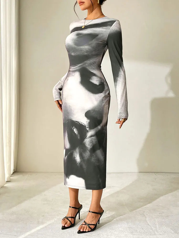 Spring Summer Women Dresses New Black Print Casual Slim O-Neck Simple Long Sleeves Dress Fashion Elegant Party Sexy Maxi Dress