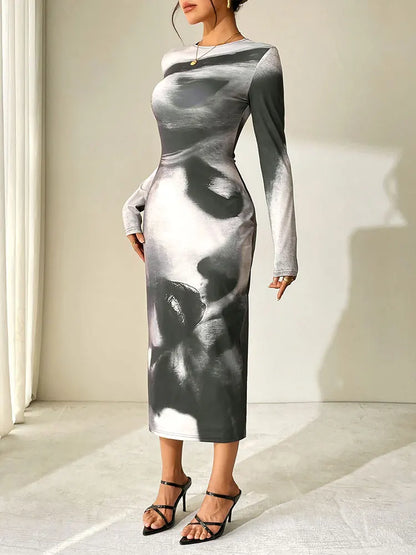 Spring Summer Women Dresses New Black Print Casual Slim O-Neck Simple Long Sleeves Dress Fashion Elegant Party Sexy Maxi Dress