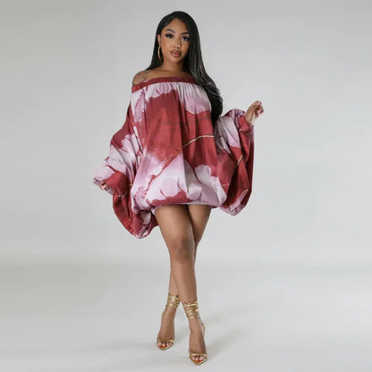 CM.YAYA Vintage Women Fashion Stretch Hem Off Shoulder Slash Neck Lantern Long Sleeve Printed Ball Gown Smock Dress Vestidos