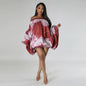 CM.YAYA Vintage Women Fashion Stretch Hem Off Shoulder Slash Neck Lantern Long Sleeve Printed Ball Gown Smock Dress Vestidos