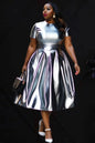 Plus Size Women Sequin Dress Short Sleeve Round Neck Solid Pleated A-Line Party Club Evening Midi Summer Dresses for Women
