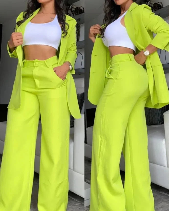 Two  Piece Sets Pants Turn Down Collar Single Breasted Tracksuit Outerwear Ankle Length Straight Pockets Loose