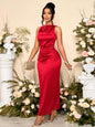 SOLERSUN Women's Elegant Solid Color Drape Neck Ruched Sleeveless Party Dress,Perfect For Banquets