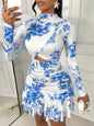 White Gold Floral Print Long Sleeve Cut-Out Mini Dress with Ruched Waist