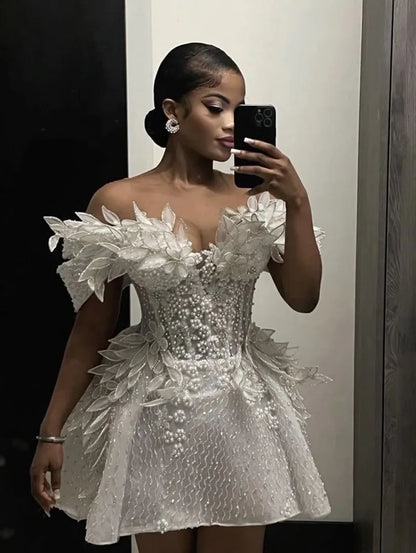 Romantic Prom Dresses 2025 Lace Pearl Mini Wedding Party Dress Handmade Flower Birthday Ball Gown African Girls Customized