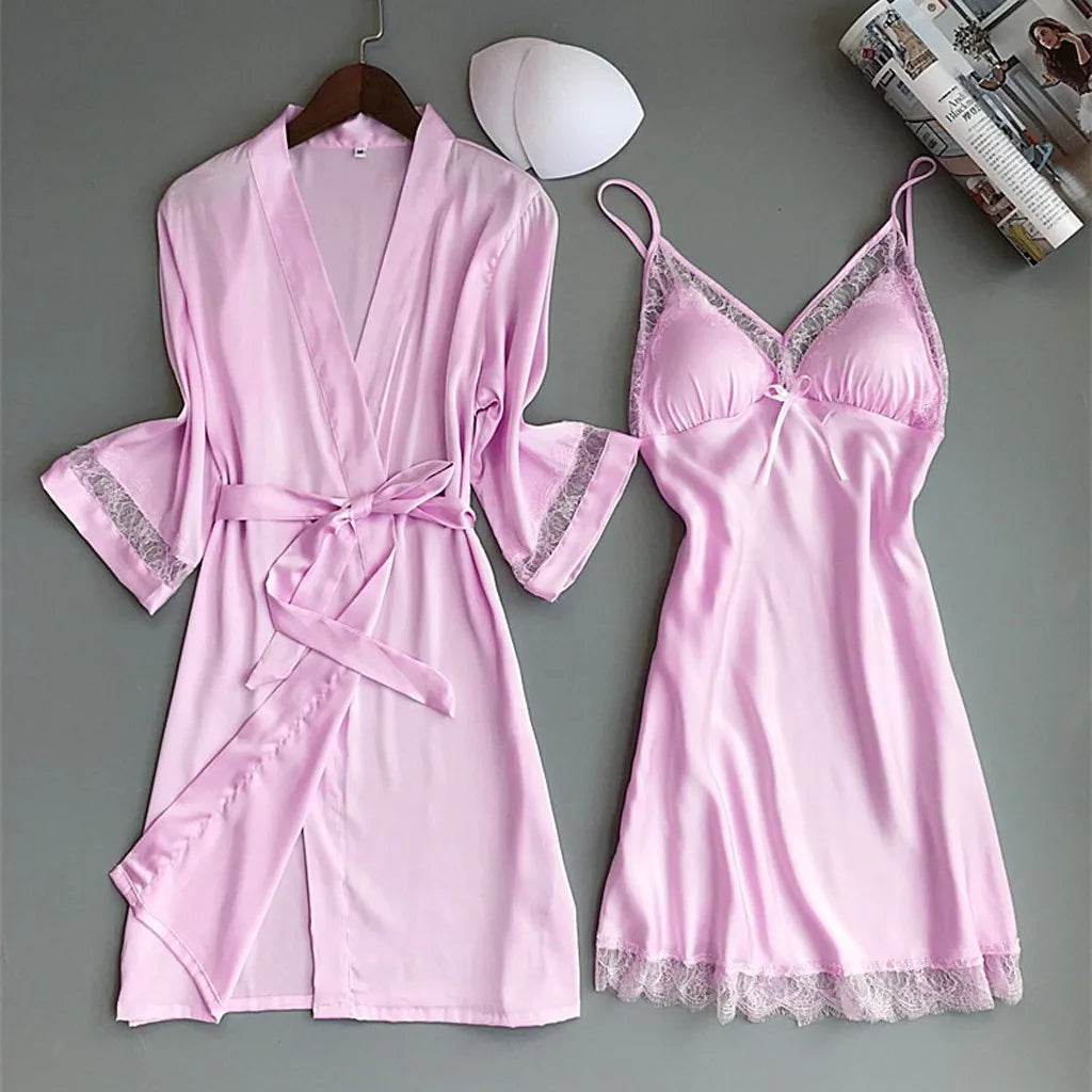 Women'S Sexy Lace Nightgown Nightdress Two-Piece Set Satin Material Soft And Silky Women'S Home Pajamas Valentine'S Day Gift