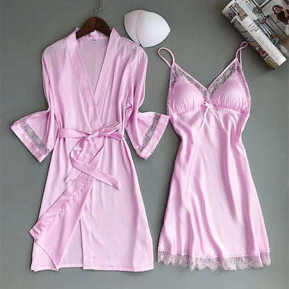 Women'S Sexy Lace Nightgown Nightdress Two-Piece Set Satin Material Soft And Silky Women'S Home Pajamas Valentine'S Day Gift