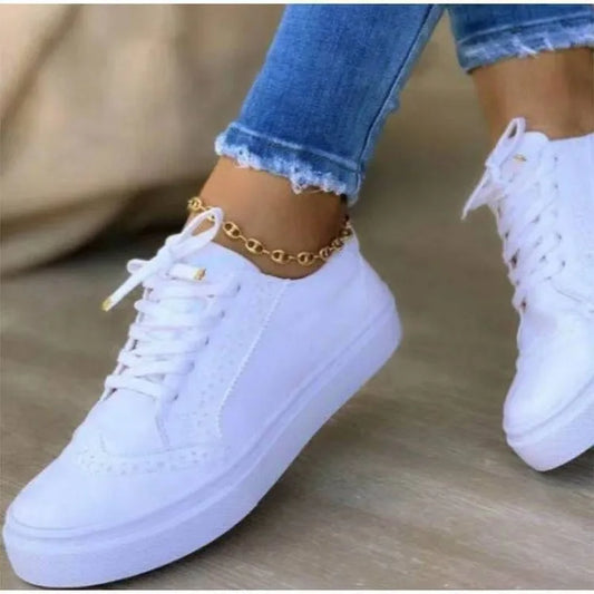 Women Fashion Sneakers Spring Autumn Chain Leather Comfortable Round Toe Platform Sneakers Lace Up Women's Shoes 35-43