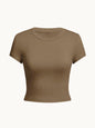 Woman Solid Crop Tops Short Sleeve High Elastic T-Shirt Soft O-Neck Sporty Tees