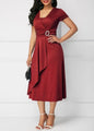Women Elegant Dress Solid Color Short Sleeve V Neck Midi Dresses