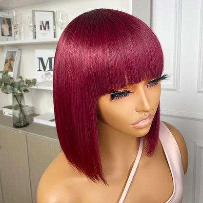 Brazilian 99J Red Short Bob Human Hair Wig With Fringe For Women Straight Remy Hair Bob Wigs With Bangs Ginger Orange Color