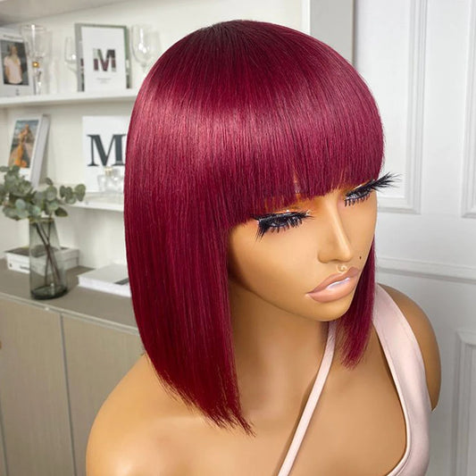 Brazilian 99J Red Short Bob Human Hair Wig With Fringe For Women Straight Remy Hair Bob Wigs With Bangs Ginger Orange Color