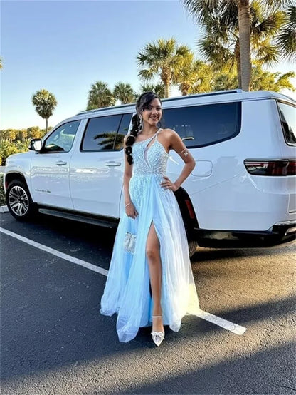 Customized Beaded Tulle Prom Dresses 2025 with Pockets Spaghetti Strap Formal Evening Dresses with Slit
