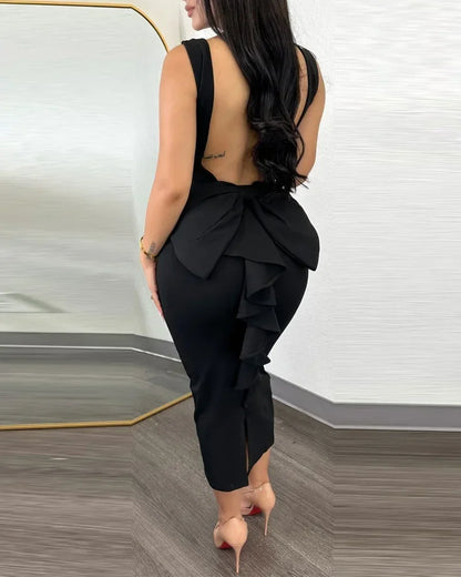Party Dresses Women Plunging V-neck Sleeveless Backless Bowknot Ruffles Back Bodycon Midi Dress