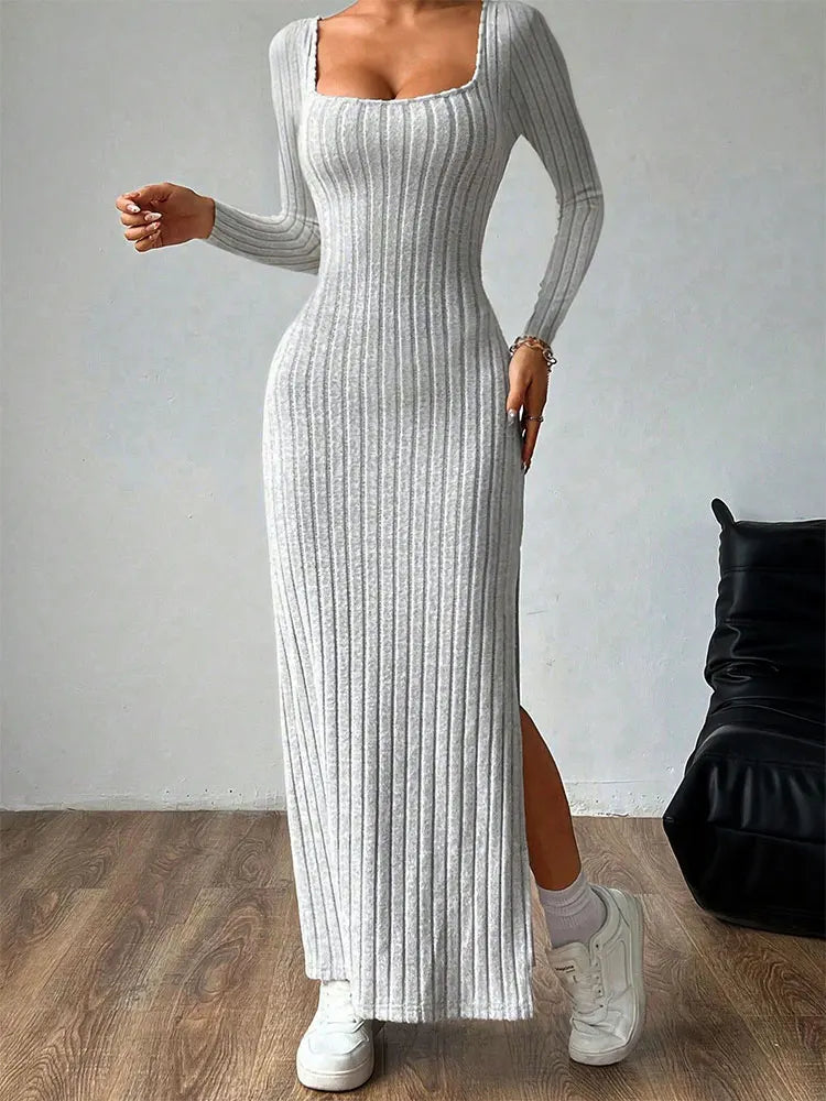 Dresses Women Streetwear Fashion Long Sleeves Split Casual Slim Maxi Dress Solid Sexy Out Backless Dress