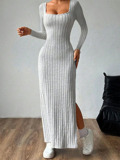 Dresses Women Streetwear Fashion Long Sleeves Split Casual Slim Maxi Dress Solid Sexy Out Backless Dress